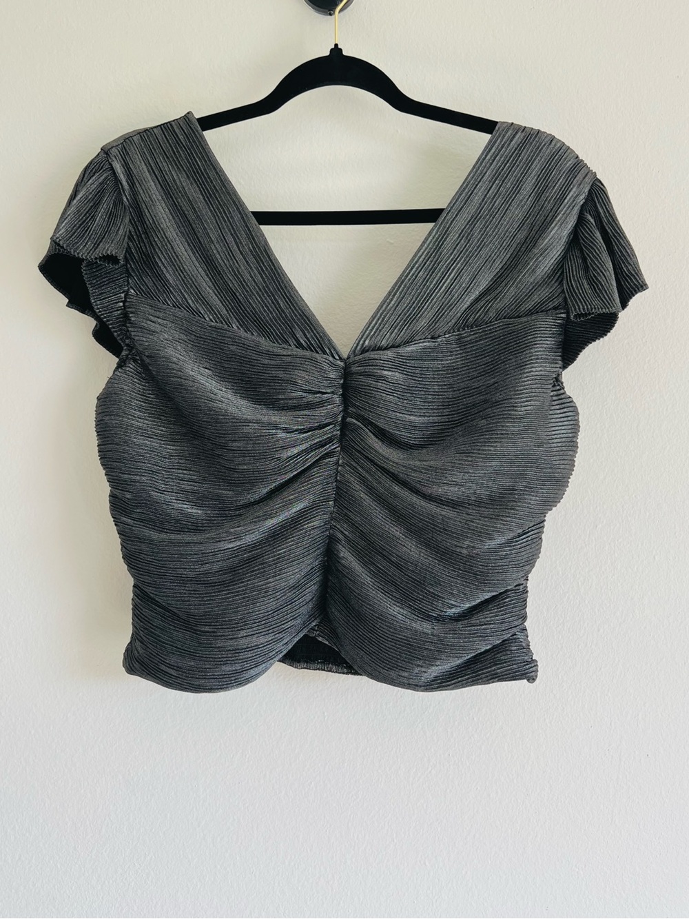 Express Silver Ribbed V-Neck Ruched Crop Top